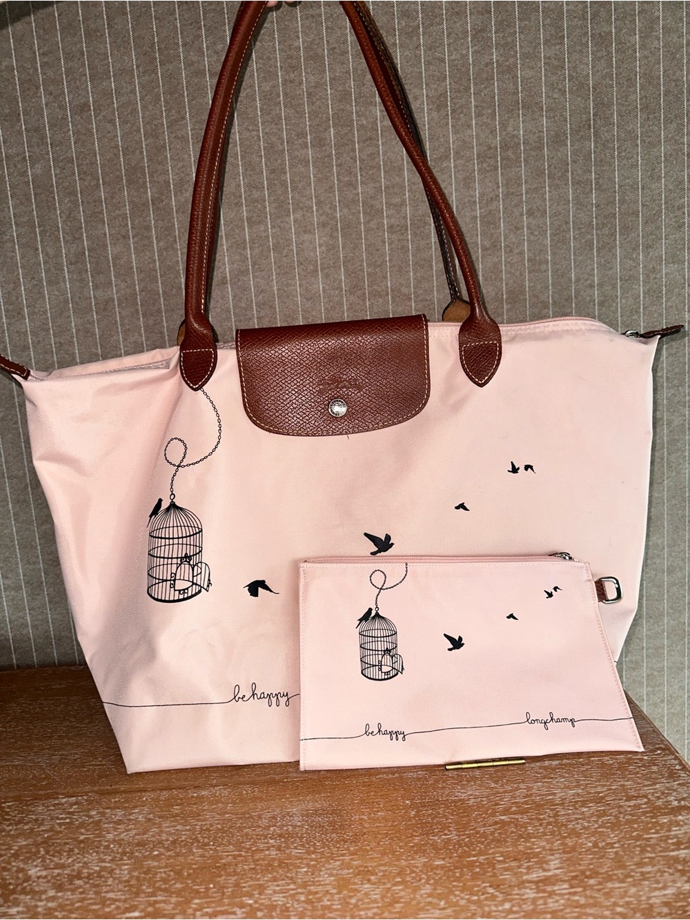 Longchamp Pink Tote with Brown Leather Handles and Matching Pouch